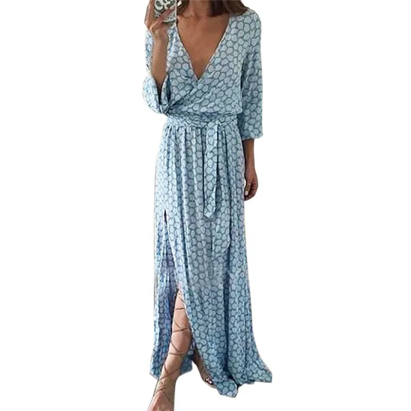 Women V Neck Printed Long Sleeve Long Maxi Dress With Belt dress v neck dress plus size dresses woman party night #513 Women V Neck Printed Long Sleeve Long Maxi Dress With Belt dress v neck dress plus size dresses woman party night #513