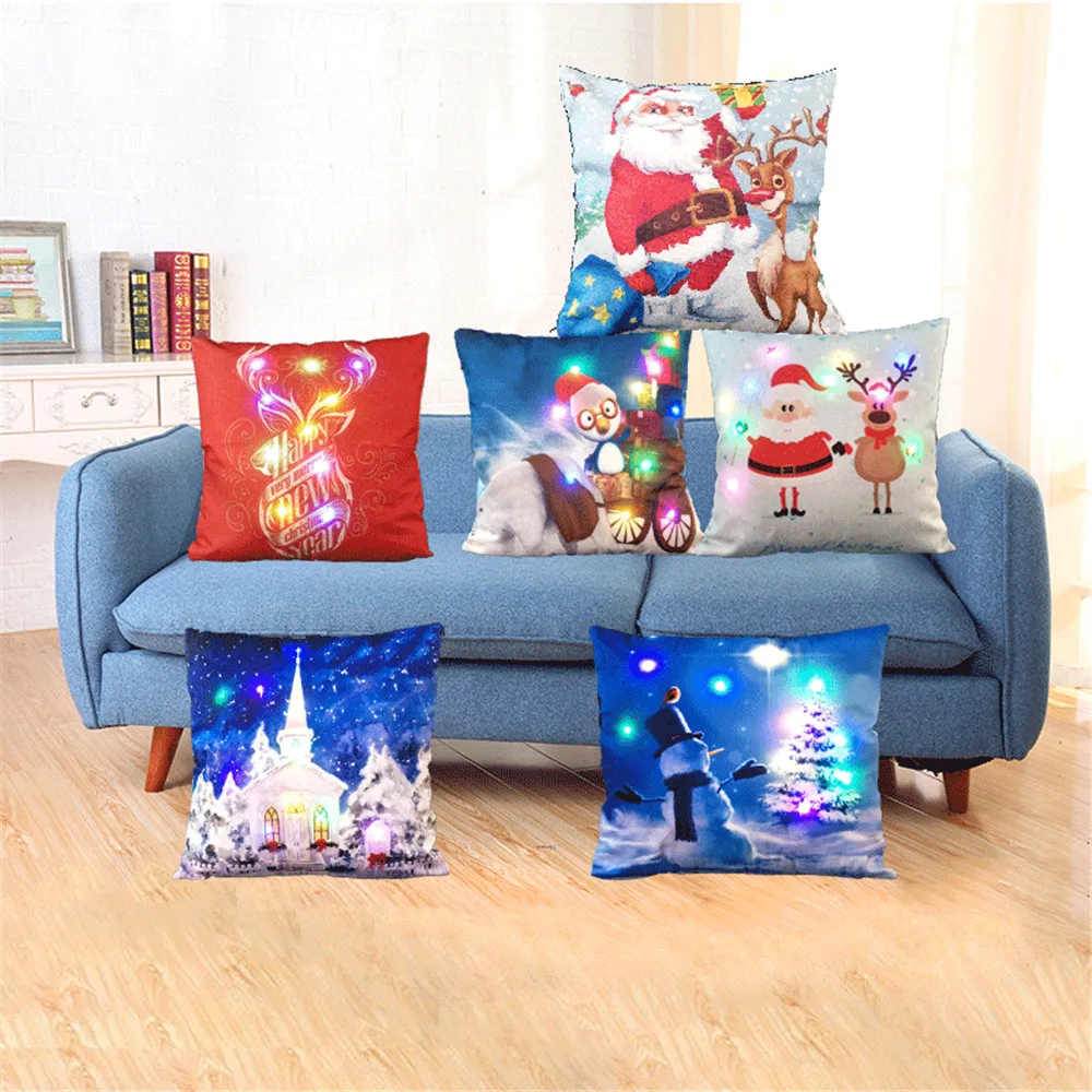 

Christmas Cushion Cover LED Xmas Pillow Case Square Car Seat Decorative Cushions Deer Printed