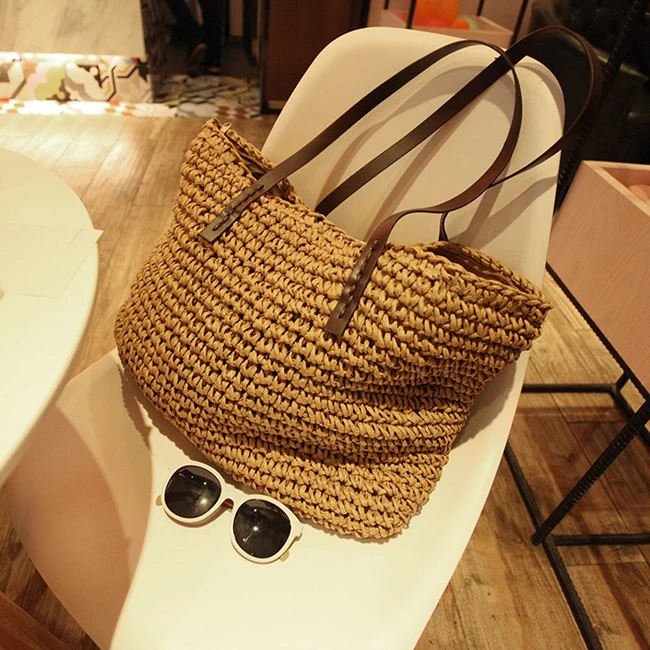 

DAUNAVIA Women Handbag Summer Beach Bag Bohemia Rattan Woven Handmade Knitted Straw Large Capacity Totes Leather Shoulder Bag