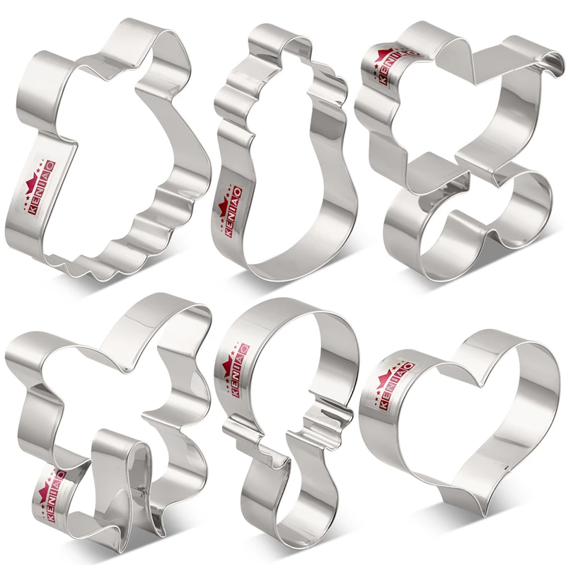 

KENIAO Baby Shower Cookie Cutter Set - 6 PC - Bottle, Rattle, Heart, Baby Carriage, Dress and Bow/Ribbon Cutter -Stainless Steel