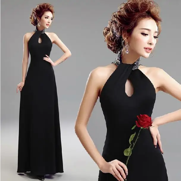 Fashionable New Sexy Halter Neck Black evening dress Long Prom dresses