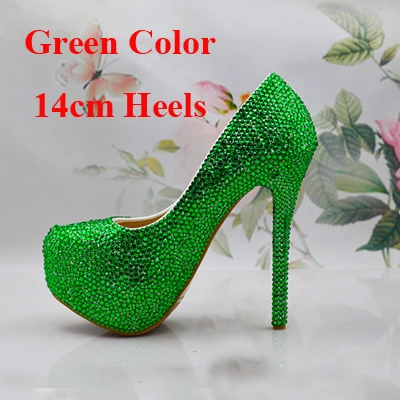 Ручная работа на заказ свадебные туфли зеленого цвета с блестками шикарные туфли-лодочки на высоком каблуке с кристаллами на выпускной и для особых событий парадная обувь - Цвет: Green 14cm Heels
