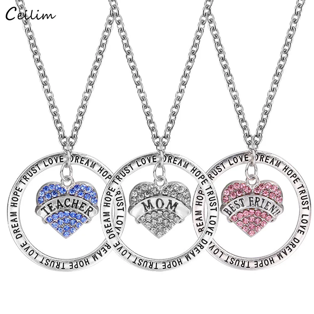 

2019 New Heart Shape Teacher Pendant Necklace Fashion Best Friend Kolye Fine Crytal Accessories Women Teacher Mom Gift
