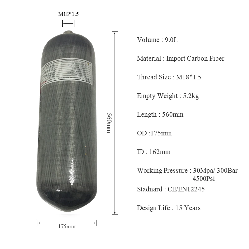 AC1090 Paintabll Tank 9L 30Mpa 4500psi Carbon Fiber SCBA Tank Compressed Air Cylinder for Airforce Condor Drop Shipping Acecare nest fire detector