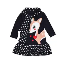 2017 Moda Outono Manga Longa de Impressão Dos Desenhos Animados Dos Cervos Do Bebê Party Girl Crianças Princesa Crianças A-Line Vestido Tutu Vestido Ocasional Diária
