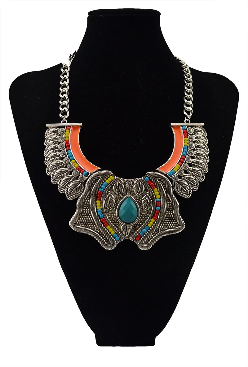 Bohemian estilo ouro prata rhinestone colorido gema pedra talão retro carving folha marca de luxo declaração colar
