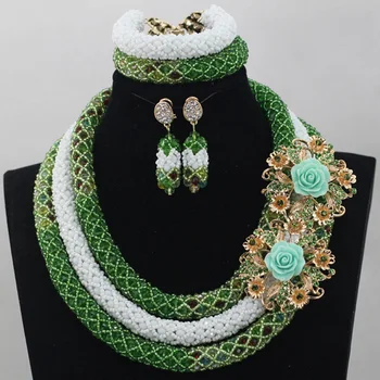 

Green And White Handmade Crystal Necklaces Bracelet Earrings Set African Nigerian Wedding Beads Jewelry Set Free Shipping ALJ916