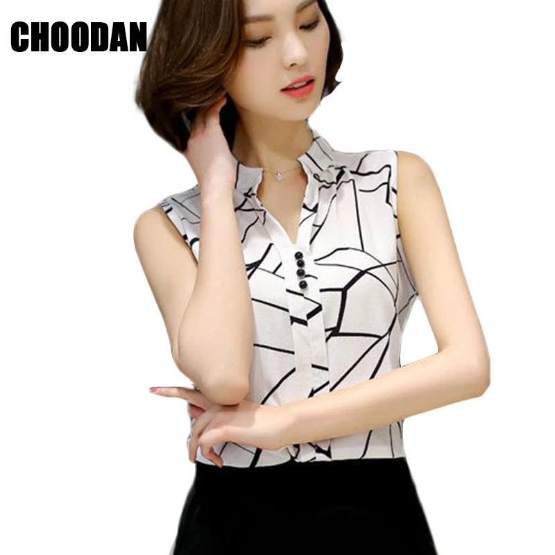 

Summer Tops For Women 2018 Sleeveless Blouse Shirt Ladies Chiffon Blouses Female Stand Collar Print Korean Fashion Clothing