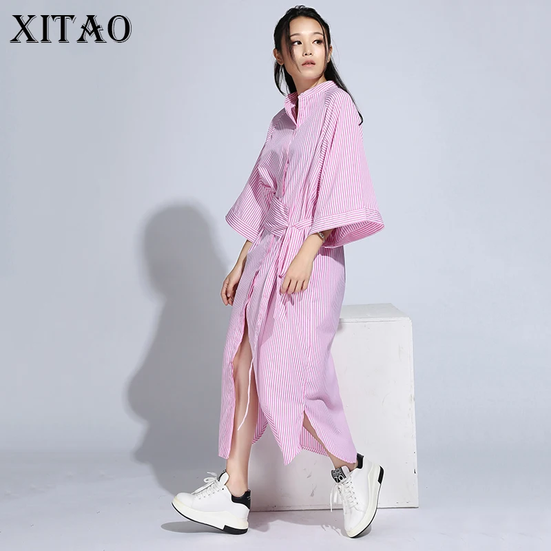 

[XITAO] 2016 Korean autumn women loose striped shirt dress casual loose half sleeve stand collar ankle-length dress HJF005