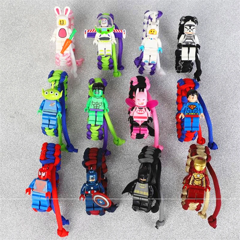 

15pcs/lot Buzz Lightyear Paracord Bracelet For Kids Super Hero Iron Man Batman Trooper Rabbit Unicorn Building Blocks Brick Toys