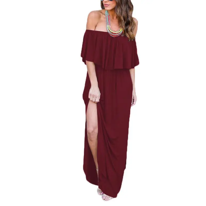 

Womens Off The Shoulder Party Maxi Long Dress Side Split Solid Color High Waist Ruffles Asymmetric Beach Sundress With Pockets