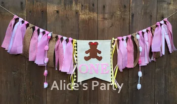 

Handmade Teddy Bear Garland Banner Pink ONE Highchair Bunting 1st 2nd Birthday Party Flag Decoration Nursery Hanging Photo shoot