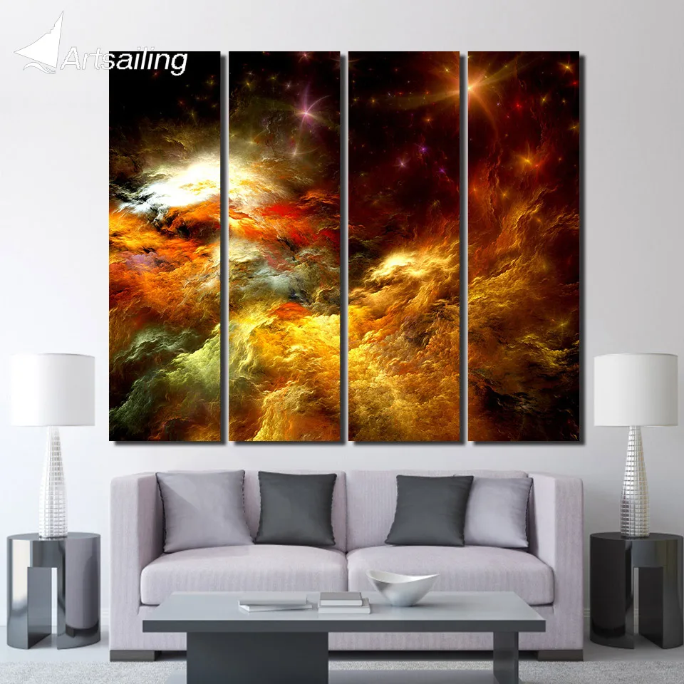 4 piece Printed abstract colorful clouds space starry sky Painting Canvas wall art canvas framed artwork Free shipping/up-1291D | Дом и сад