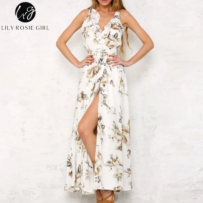 

Lily Rosie Girl Off Shoulder Deep V Neck Boho Floral Print Dress Summer Beach Ruffles Sexy Backless Maxi Long Dresses Vestidos