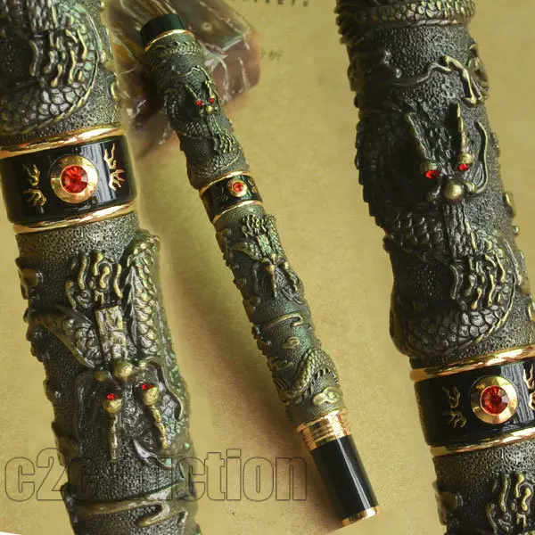 

ROLLER BALL PEN JINHAO ANTIQUE BRASS TWO DRAGON PLAY PEARL CRYSTAL