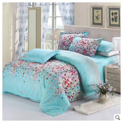 Floral Cyan Watercolor Comforter Set 4pcs Green Bedding Dotted