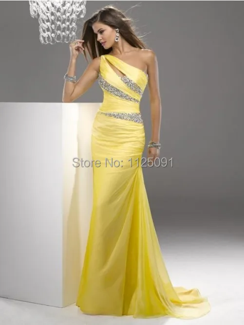 

2019 Fast Shipping One Shoulder Sleeveless Floor-Length Yellow Chiffon Prom Dress Evening Dress Custom Size Made