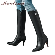 Meotina/Сапоги до колена на высоком каблуке зимние женские сапоги высокие сапоги с прямым валиковым швом Осенняя модная женская обувь г. Черный цвет, большой размер 45, 46