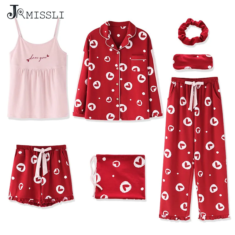 

JRMISSLI 2019 New Red 100% Cotton Women Pajama Sets 7 Pieces Sets Women Sleepwear Female Pijama Elegant Pyjama Home Wear