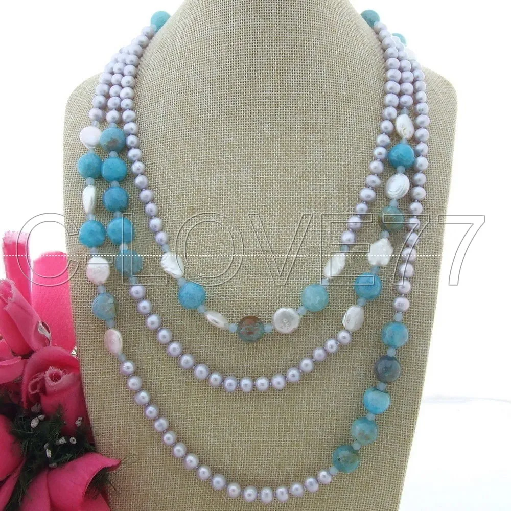 

Women's 82" Lavender Round Pearl Blue onyx Necklace