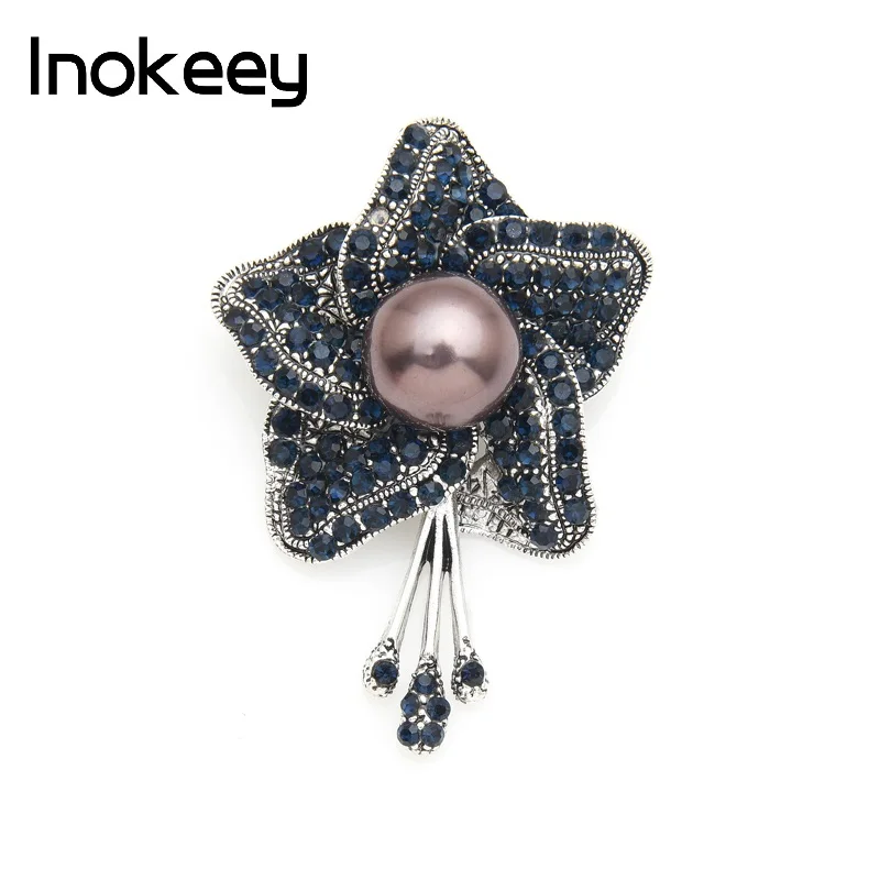 

Inokeey Full Rhinestone Star Big Simulated-Pearl Flower Brooch Pins For Women Elegant Fashion Jewelry Tassel