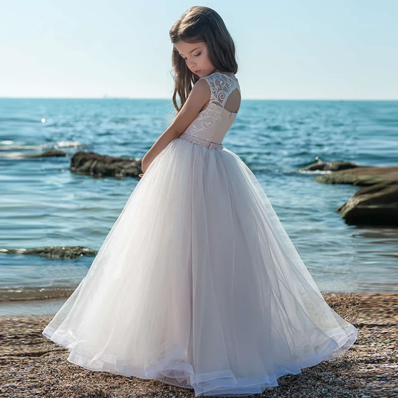 Милое фатиновое платье с цветочным узором для девочек кружевное платье с аппликацией для свадьбы без рукавов, Тюлевое платье для дня рождения для девочек, платья для первого причастия