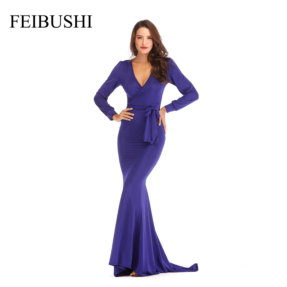 FEIBUSHI Hot Sell Women Autumn Elegant Sexy Solid Dark Blue Long Sleeve Wedding Casual Sheath Party Floor Length Mermaid Dress (2)