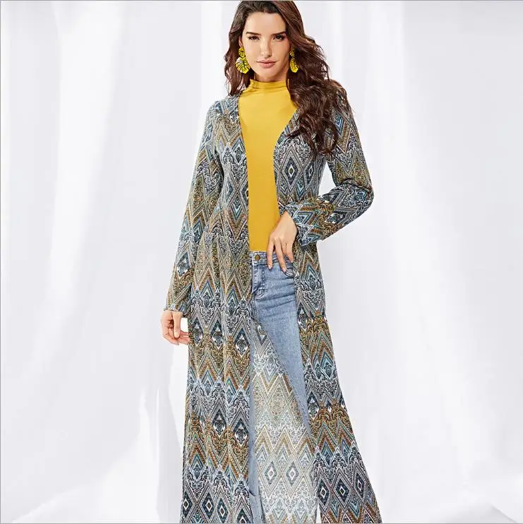 

Ethnic Style Long Cardigan Loose Geometric Women Clothing Half Open Collar Split Casual Open Stitch Windbreaker S092