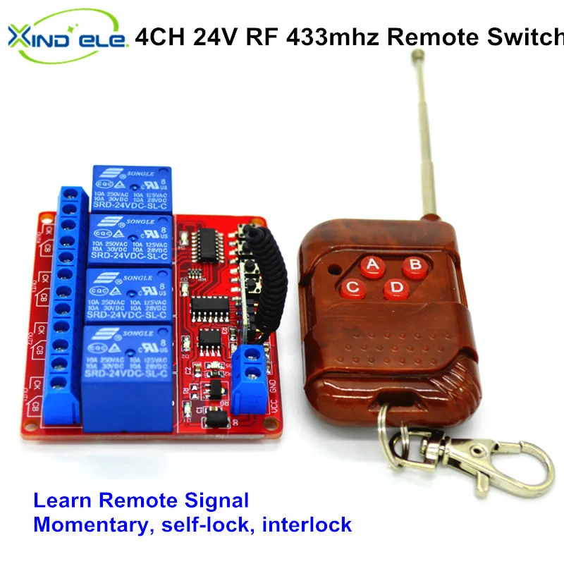 

DC 24V 4 Channel Way Wireless Remote Control Switch Relay Output 10A NO COM NC Learning Code 433MHZ Momentary Toggle Latched