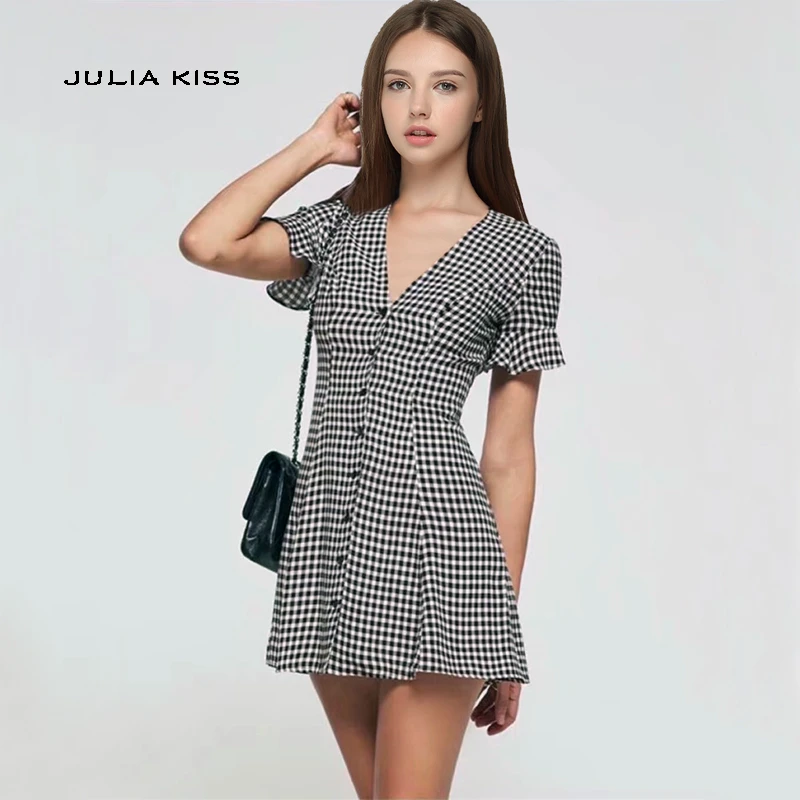 Women Vintage V Neck Button Gingham 