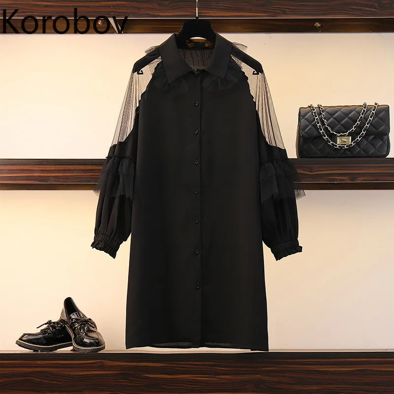 

Korobov Mesh Ruffles Patchwork Long Sleeve Plus Size Dress Turn-down Collar XL-5XL Dresses Button Vintage Black Vestidos 77114