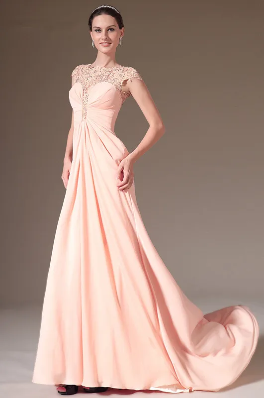 Blush Evening Dresses A-line Cap Sleeves Chiffon Lace Beaded Long Formal Party Gown Prom Robe De Soiree | Свадьбы и торжества