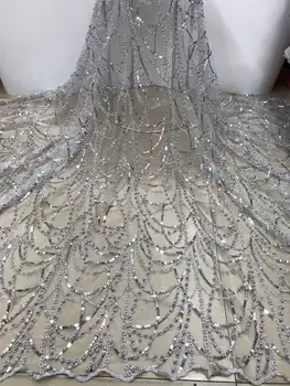 

Fashion African Lace Fabric High Quality Silver Lace Nigerian Lace Fabric 2018 High Quality Lace With Beaded 5 Yards