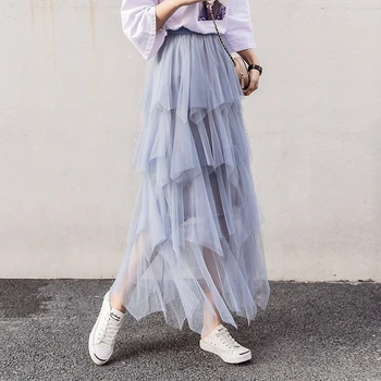 

New 2019 Spring Summer Women's Sexy Skirt Elegant Ladies Mesh Ball Gown Skirts Casual Cute Mid-Calf Skirt S-3XL Pink Black