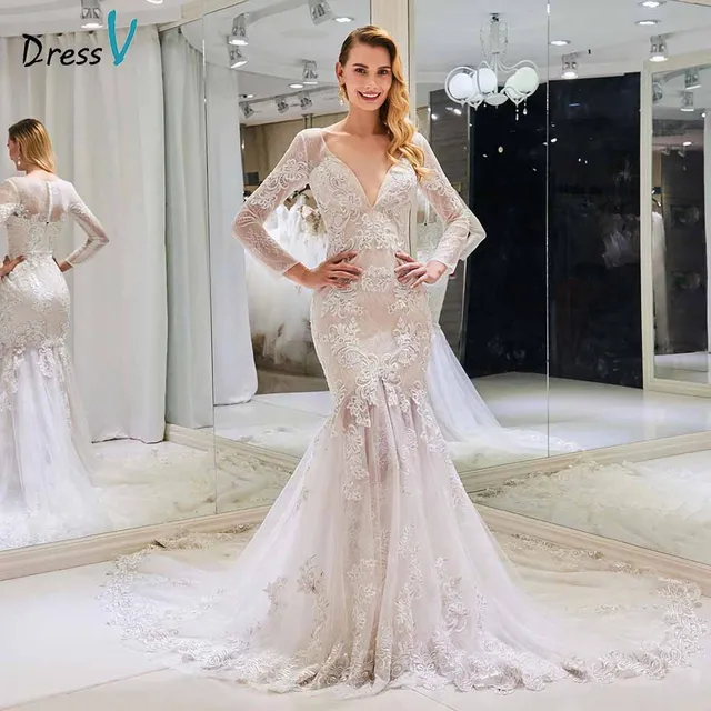 vestido de novia con cuello en v con apliques de sirena manga larga