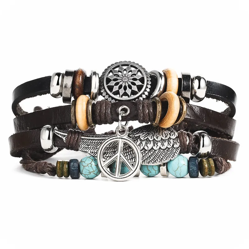 

Vintage Wing Leather Bracelet for Men Woman Fashion Turquoises Black Color Multiple Braided Bracelets Boho Jewelry Wholesale