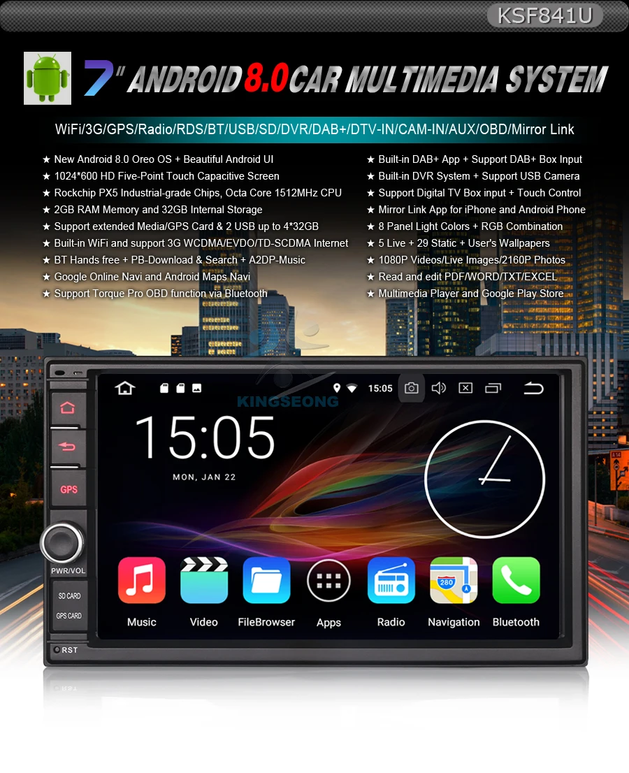 Discount 2 Din 7"Universal DAB+ Sat Navi Android 8.0 Autoradio GPS MP3 WiFi OBD2 DVB-T2 DVR 3G USB Bluetooth DTV-IN 3G RDS Car Stereo 0