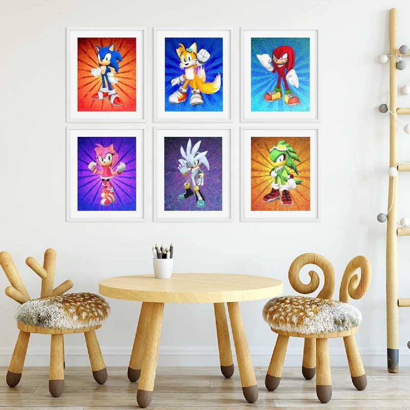 

Sonic the Hedgehog Art Sonic Oil Painting Posters Canvas Prints Silver Tails Knuckles Amy Poster Sonic Kids Room Wall Art Decor