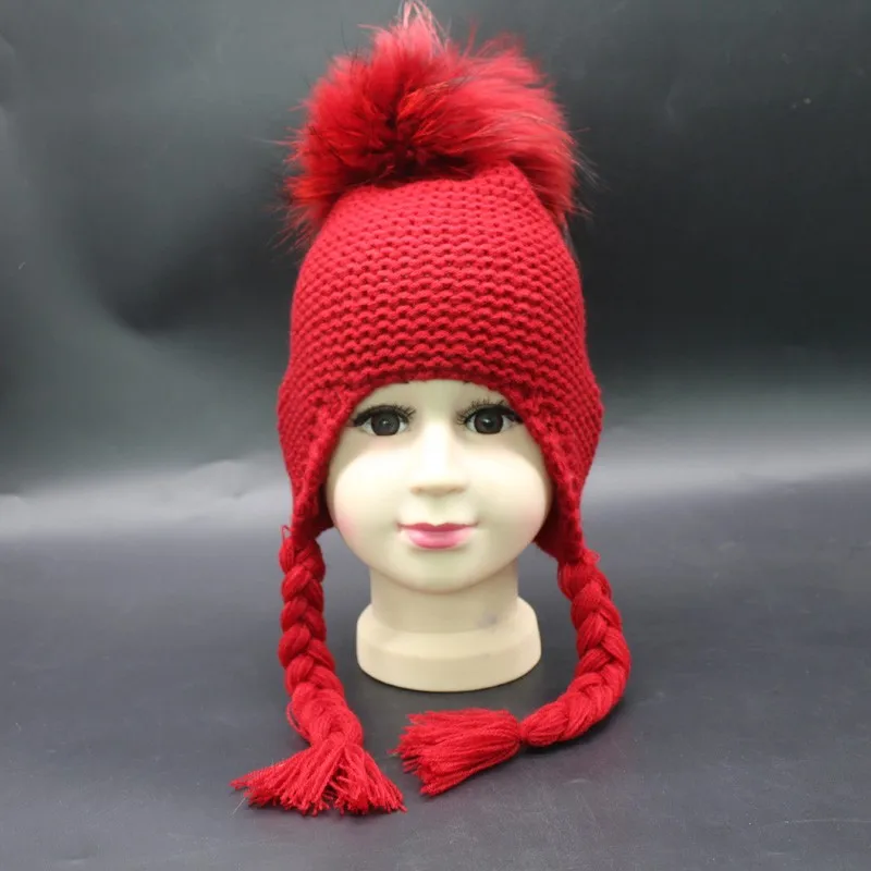 Новая Детская шерстяная вязаная шапка с ушками, детская зимняя шапка, окрашенная настоящая меховая шапка с вязаным помпоном, шапка для детей