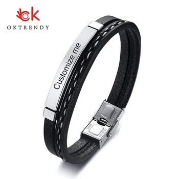 

Multi Layer Leather Bracelets for Men Women Customizable Engraving Stainless Steel ID Bangles Casual Pulseira