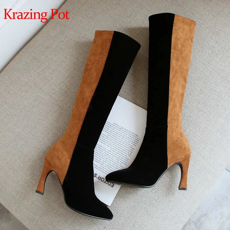 

Krazing Pot high quality flock mixed color long boots style super high high gladiator concise keep warm thigh high boots L5f1
