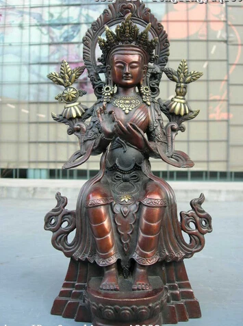 

12"Tibet Nepal red bronze Copper sit green TARA Kwan-Yin Guan Yin buddha statue