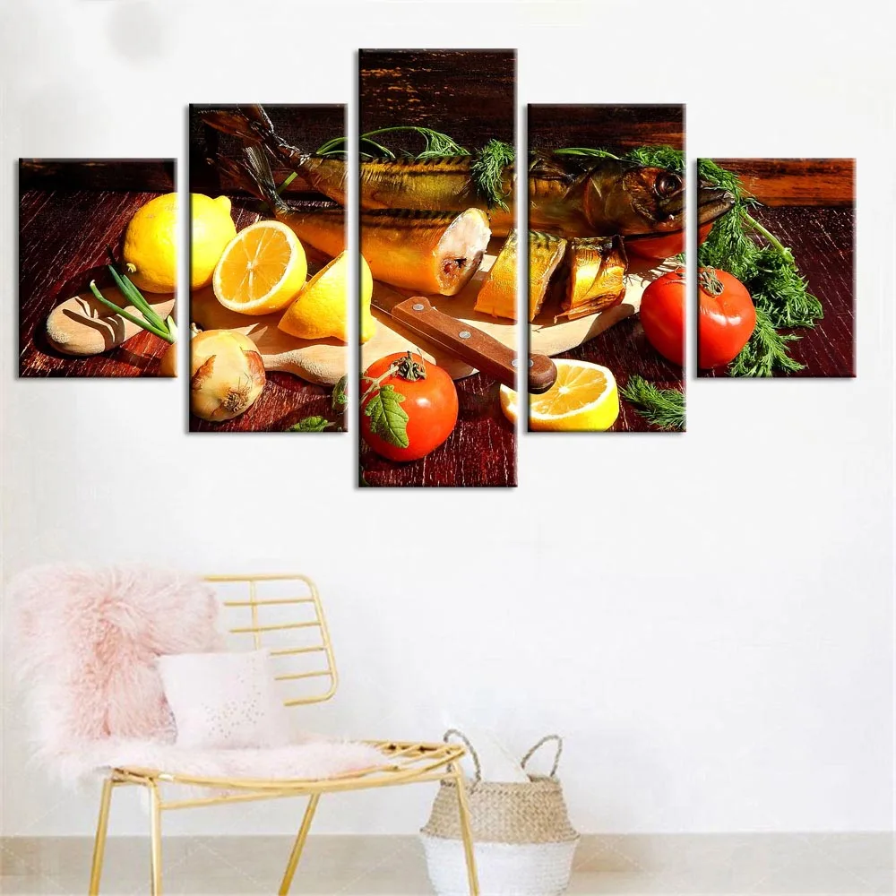Wall Art Canvas Painting Home Decor 5 Pieces Fruits And Fish Picture Modular HD Prints Kitchen Poster For Living Room Framework | Дом и сад