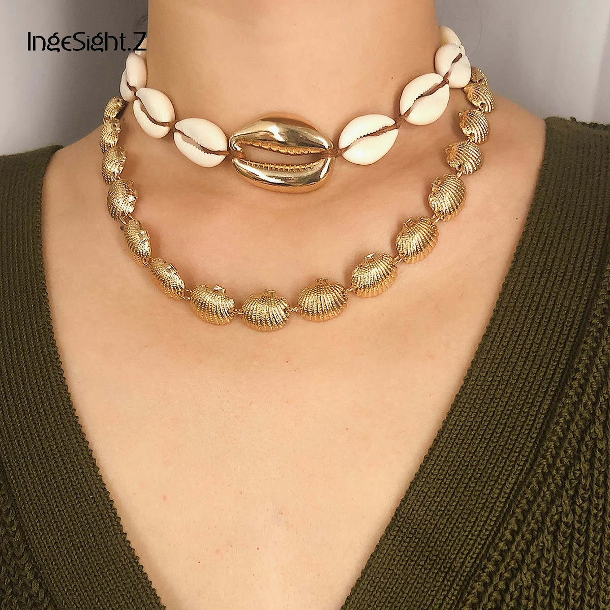 

IngeSight.Z 2Pcs/Set Bohemian Natural Cowrie Sea Shell Choker Necklace Collar Statement Alloy Scallop Necklace for Women Jewelry
