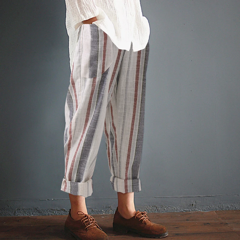 

2019 ZANZEA Women Summer Elastic Waist Cotton Linen Striped Pants Casual Work Cargo Pantalon Loose Harem Trousers Plus Size