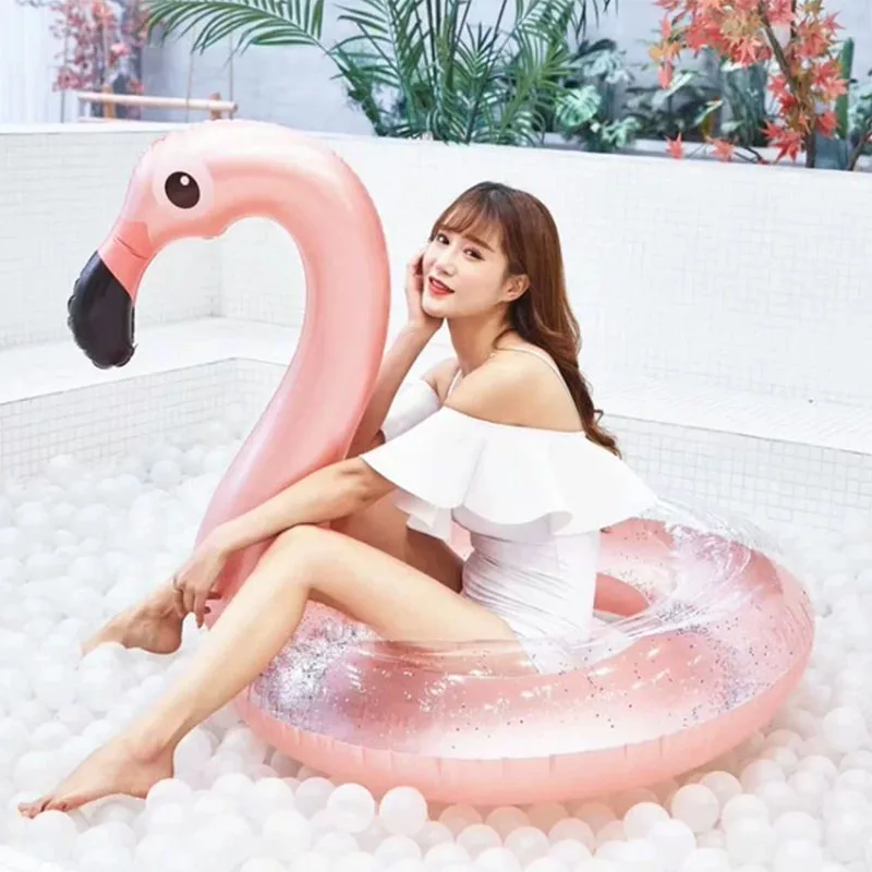 

Super Large Flamingo Rose Gold Swim Ring The New Adult Summer Party Shiny Inflatable Seat Float Kids Gift Pool Toys Beach Party