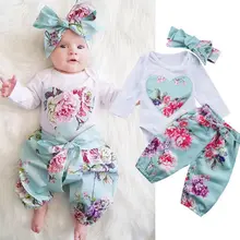3 шт. Одежда для новорожденных девочек Длинные рукава Ползунки+ длинные брюки с цветочным принтом+ повязка на голову, одежда на возраст от 0 до 24 месяца