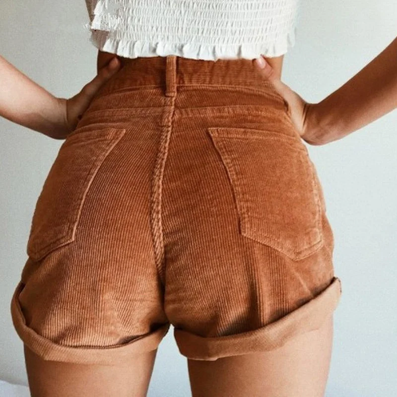Brown Women Casual Shorts Corduroy High Waist Pocket Zipper Button