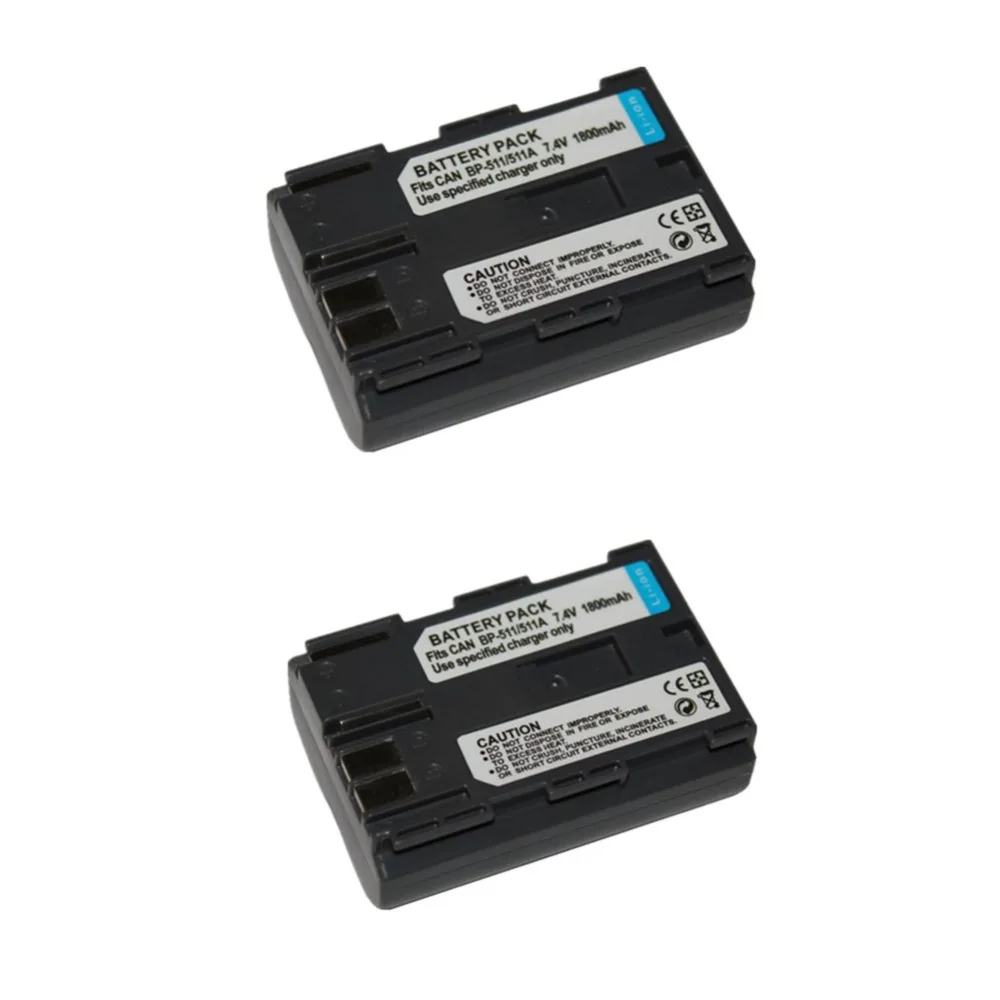 2 pcs 1800 MAH BP511 BP511A Battery for CANON PowerShot EOS 5D 50D 40D