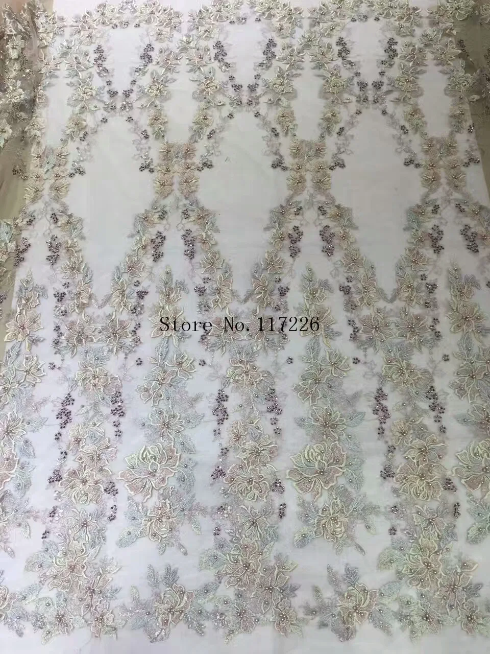 

Modern Design Tulle Lace French net Lace Fabric with beads JRB-61332 in cream gold for Wedding Dress